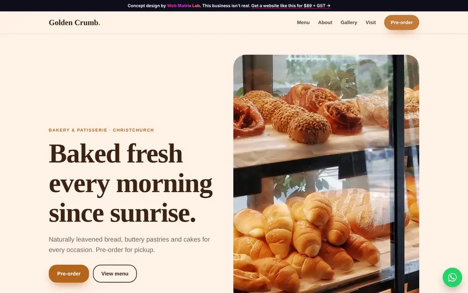 Golden Crumb concept website on a laptop