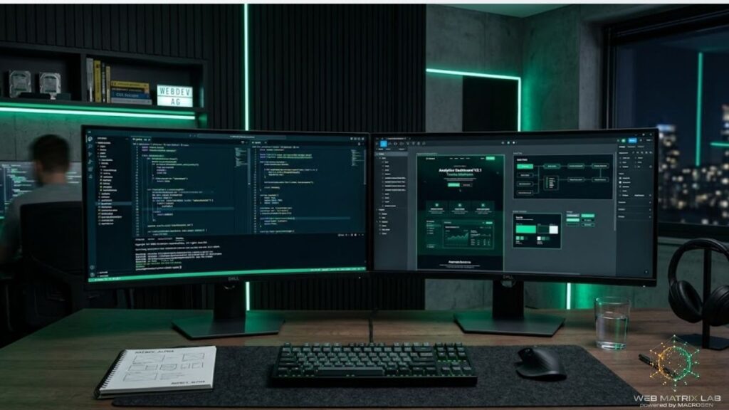 Dual monitor web development workspace showing wireframes and code by a web designer in Christchurch
