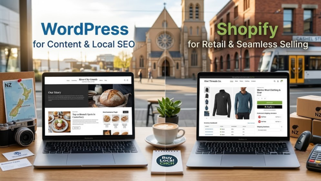 Two laptops showing WordPress content and Shopify e-commerce stores with a Christchurch background, comparing website platforms for New Zealand businesses.