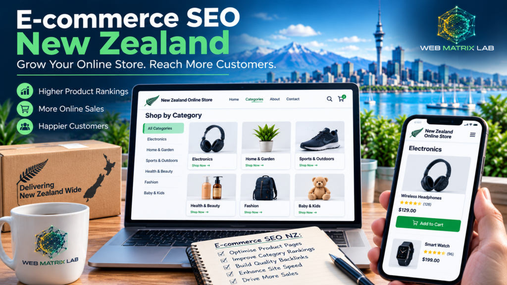 New Zealand online store category page SEO showing product categories, mobile shopping, and e-commerce optimisation for better search visibility and sales.