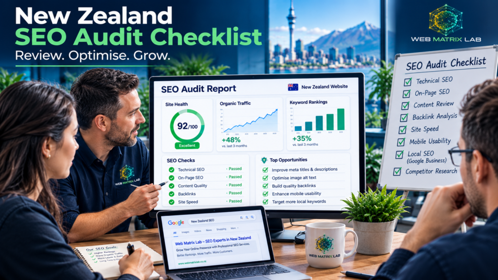 New Zealand SEO audit checklist review showing website analysis, technical SEO, content optimisation, backlink review, and website performance improvements.