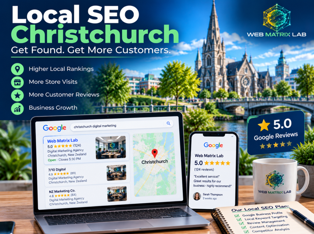 Local SEO Christchurch featured image showing Google Business Profile optimisation, Christchurch landmarks, local search rankings, and Web Matrix Lab digital marketing services.