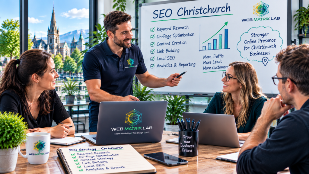SEO Christchurch services agency team strategy showing digital marketing experts planning keyword research, local SEO, content strategy, and website optimisation for Christchurch businesses.