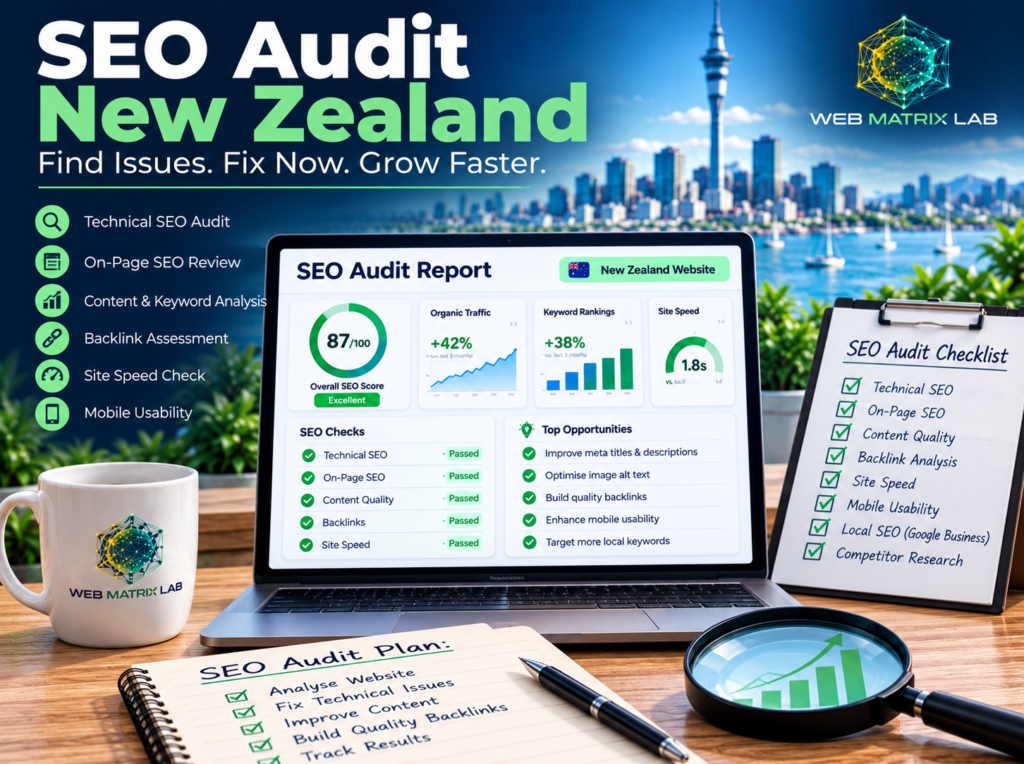 SEO Audit New Zealand featured image showing website analysis, SEO audit dashboard, technical SEO checks, and Web Matrix Lab digital marketing services.