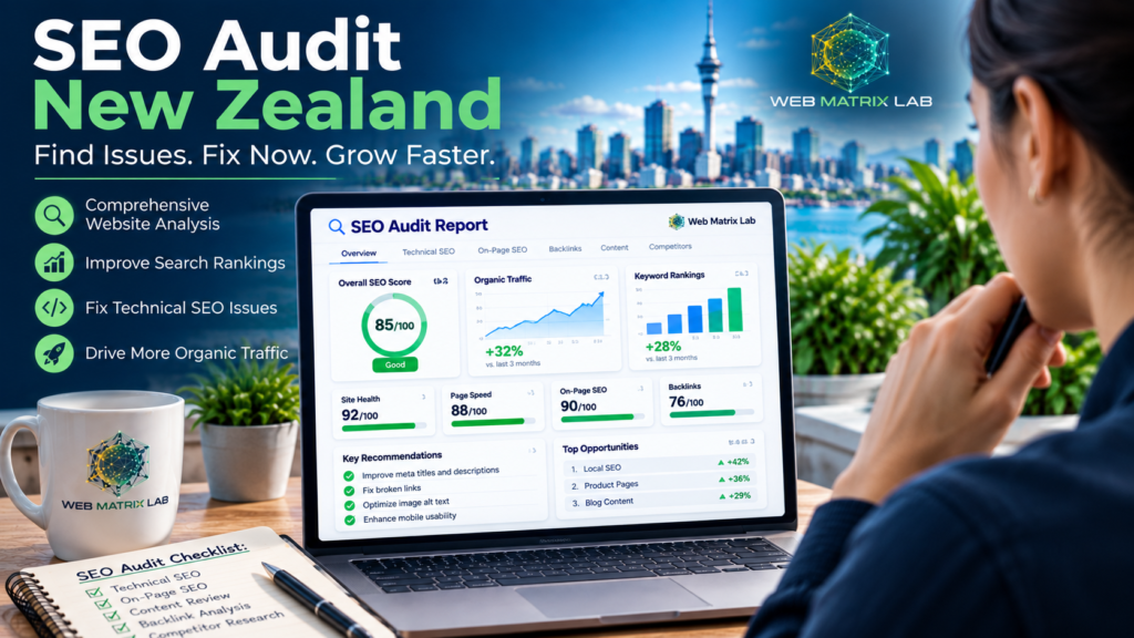 SEO audit New Zealand website report displayed on a laptop with technical SEO analysis, keyword rankings, traffic insights, and website optimisation metrics.