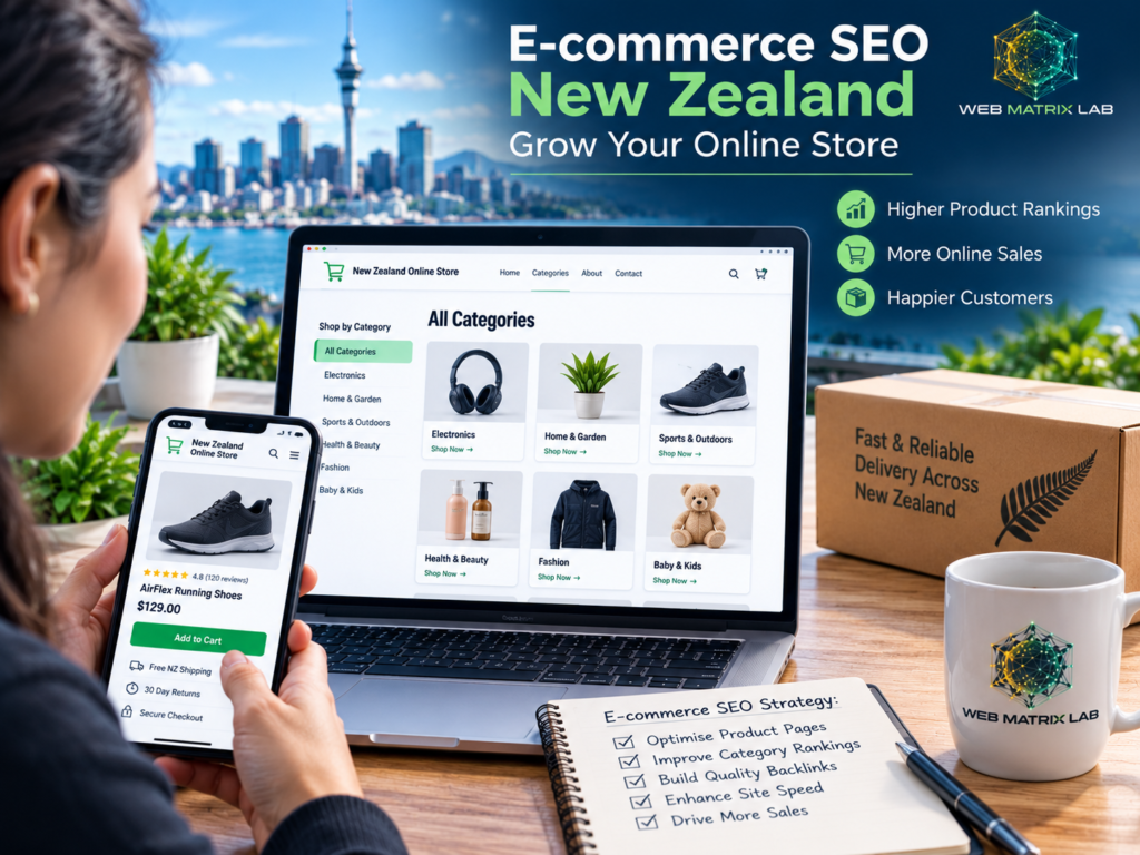 E-commerce SEO New Zealand featured image showing an online store, SEO strategy, digital marketing, and Web Matrix Lab helping businesses increase online sales.