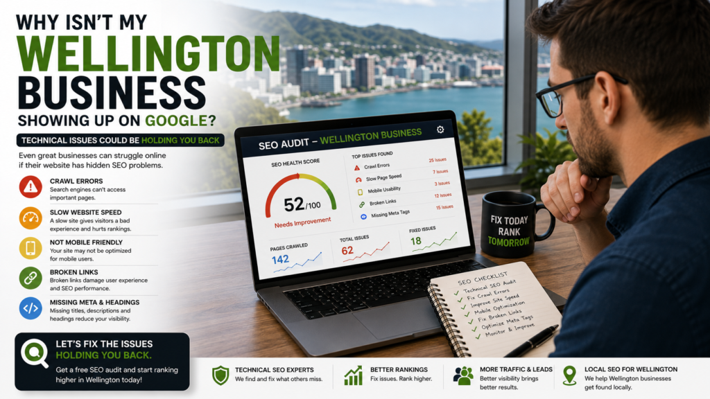 Wellington SEO experts — business owner reviewing SEO performance and local search growth on a laptop