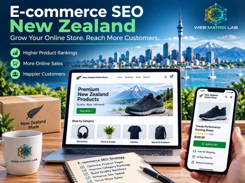 E-commerce SEO New Zealand featured image showing an online store, SEO strategy, digital marketing, and Web Matrix Lab helping businesses increase online sales.