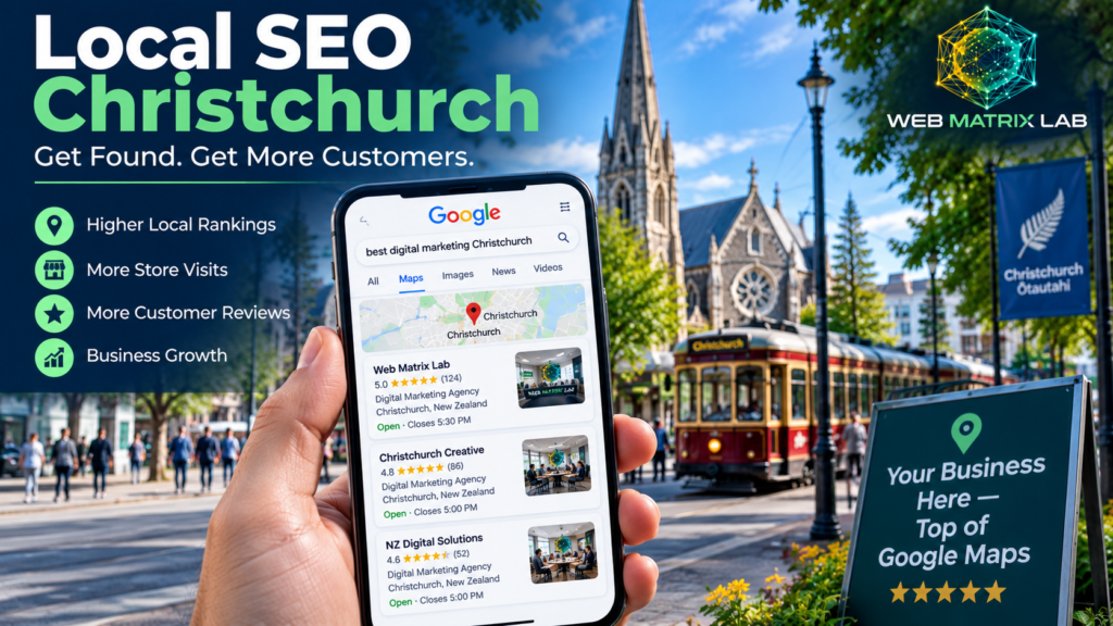 Local SEO Christchurch business search results displayed on Google Maps with a smartphone, Christchurch city landmarks, and local business optimisation.