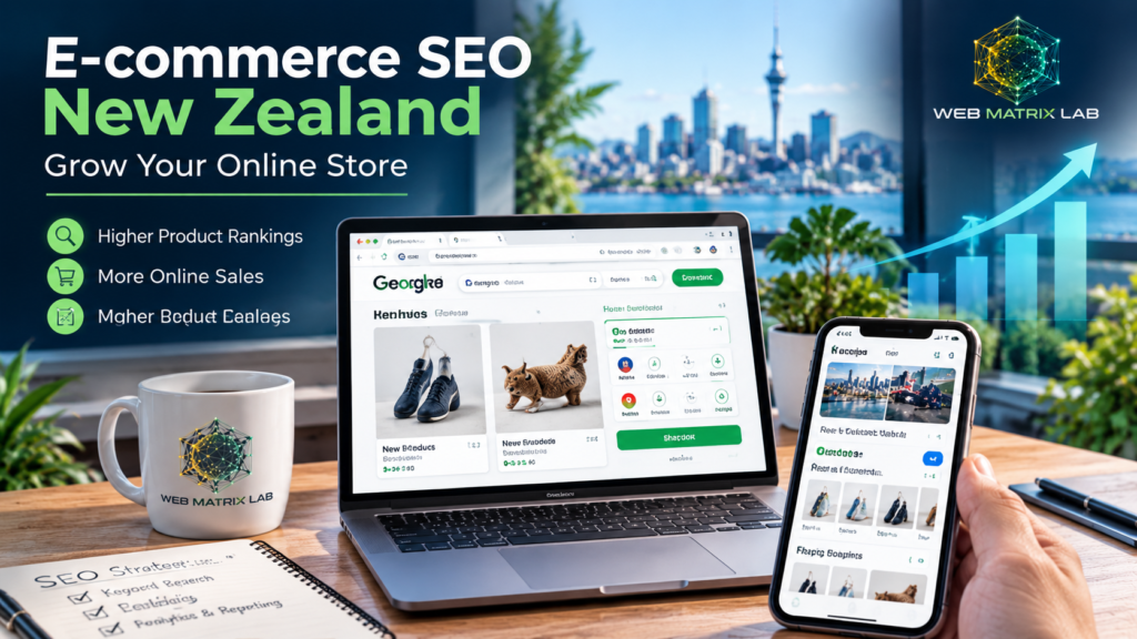 E-commerce SEO New Zealand online store optimisation showing an e-commerce dashboard, product pages, and SEO strategy for improving Google rankings.