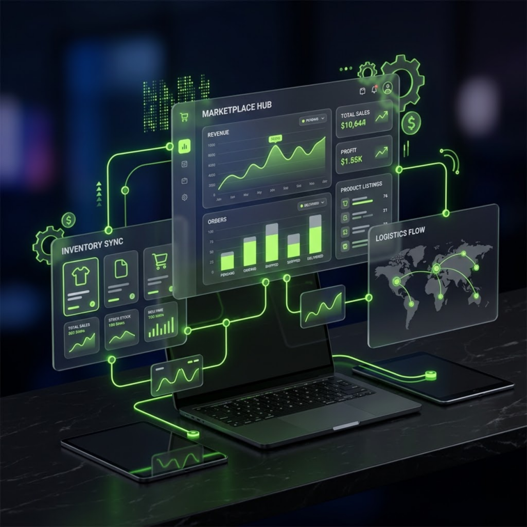 E-commerce and marketplace management services helping businesses optimize online stores, product listings, sales, and operations