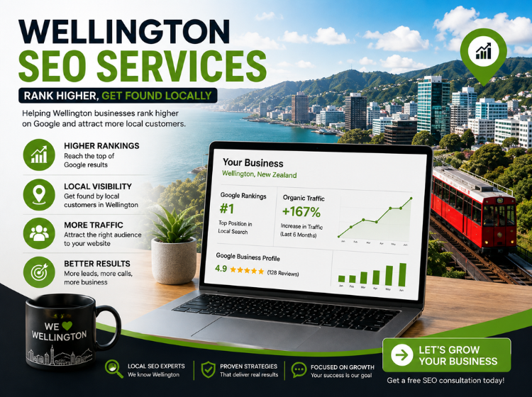Wellington SEO experts — business owner reviewing SEO performance and local search growth on a laptop
