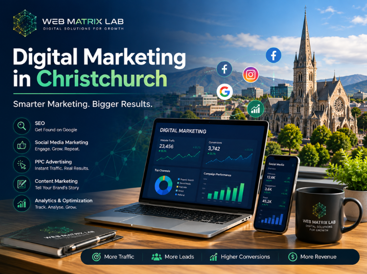Digital marketing services in Christchurch featuring SEO, social media marketing, PPC advertising, content marketing and business growth analytics.