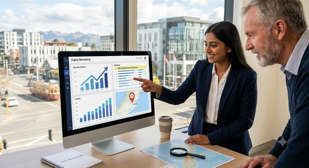 Christchurch SEO consultation featuring a digital marketing team planning local SEO campaigns, keyword research, Google Business Profile optimisation, and business growth strategies for New Zealand companies.