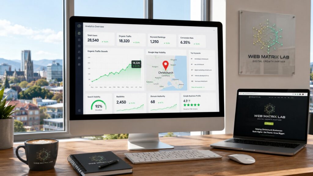 Local SEO strategy for Christchurch businesses showing search engine optimisation, Google rankings, website traffic growth, and digital marketing for New Zealand companies.