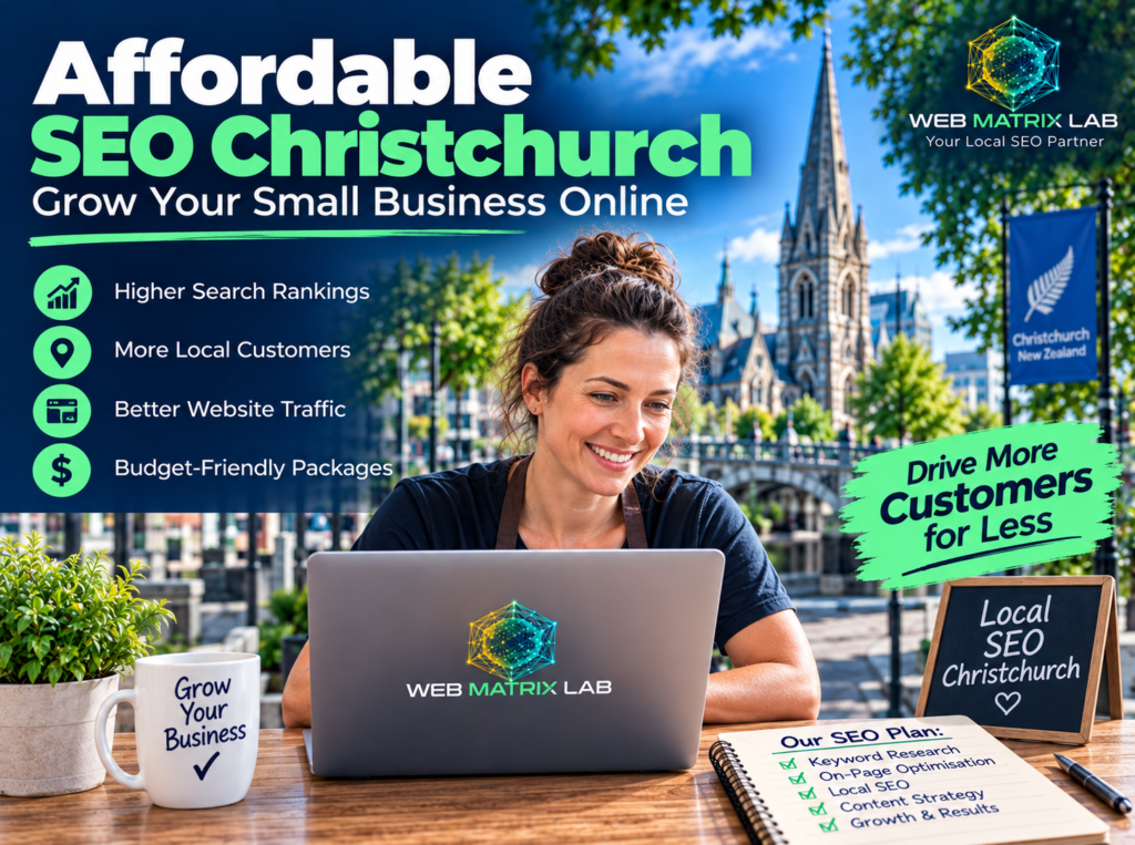 Affordable SEO Christchurch featured image showing small business SEO services, local search optimisation, and Web Matrix Lab helping Christchurch businesses grow online.