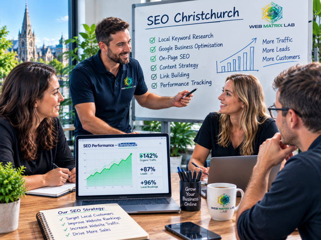 SEO Christchurch services featured image showing professional search engine optimisation, local business growth, and Web Matrix Lab helping Christchurch businesses improve Google rankings.