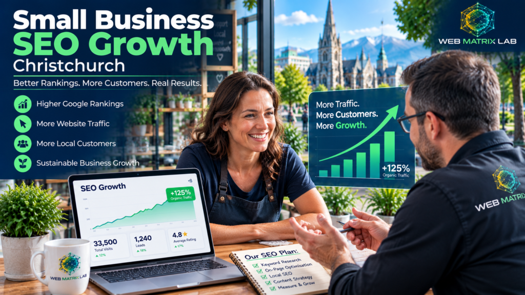 Small business SEO growth Christchurch showing an SEO consultation, website analytics, traffic growth charts, and local search optimisation for Christchurch businesses.