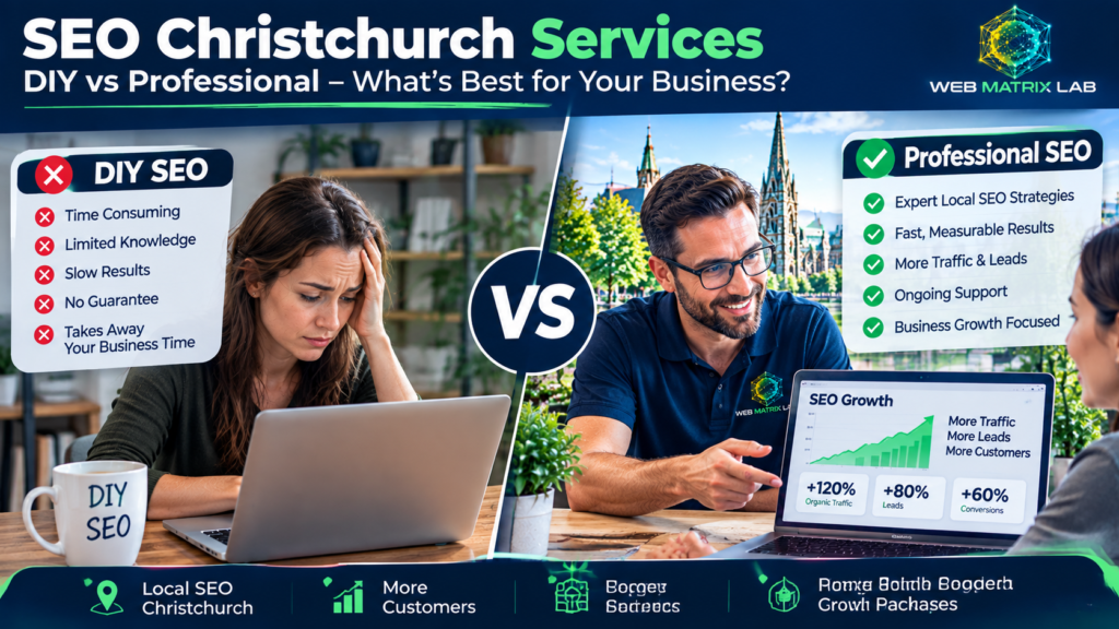 SEO Christchurch services agency vs DIY comparison showing the benefits of hiring a professional SEO agency instead of managing SEO without expert support.