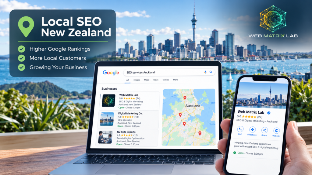 Local SEO New Zealand showing Google Maps pack results and Google Business Profile optimisation for Auckland businesses by Web Matrix Lab.