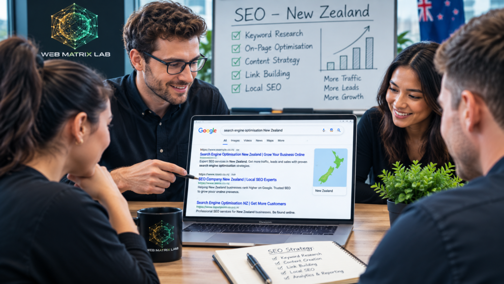 Search engine optimisation New Zealand team at work analysing Google search rankings and SEO strategy at Web Matrix Lab.