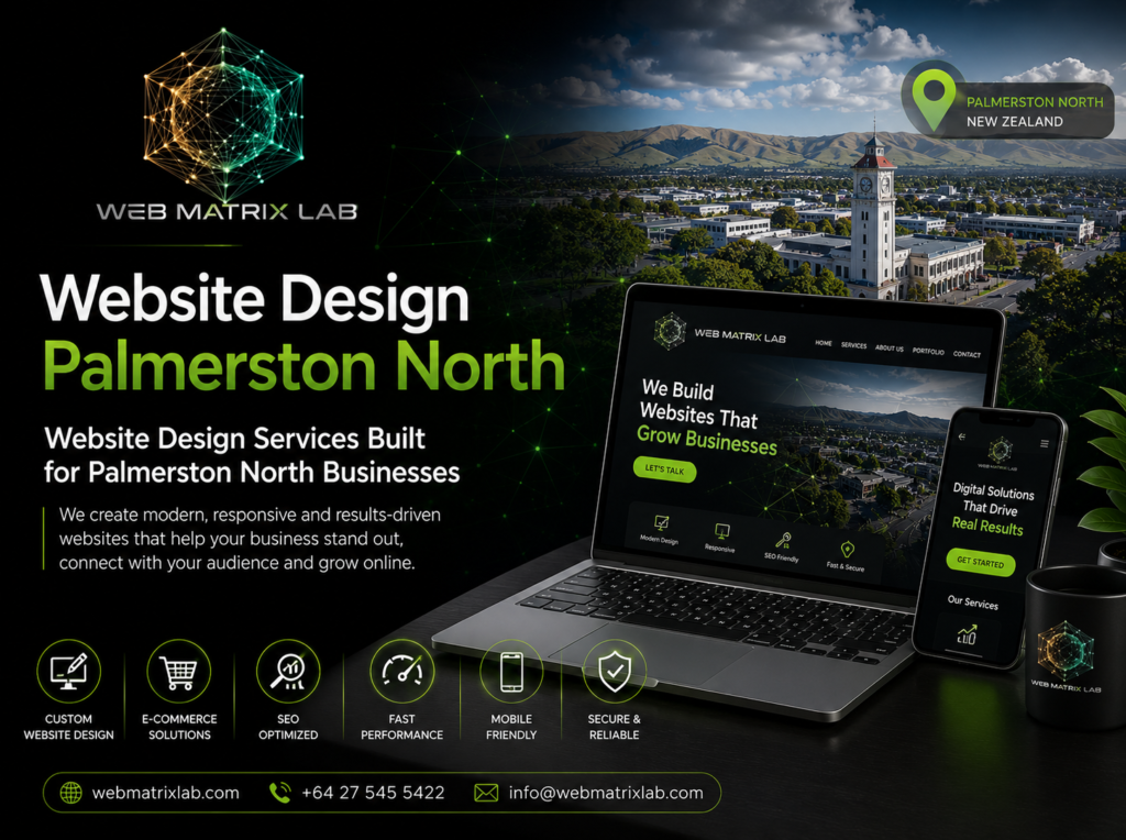 Professional Website Design Palmerston North by Web Matrix Lab featuring modern responsive web design services for local businesses, custom websites, eCommerce solutions, and mobile-friendly development.