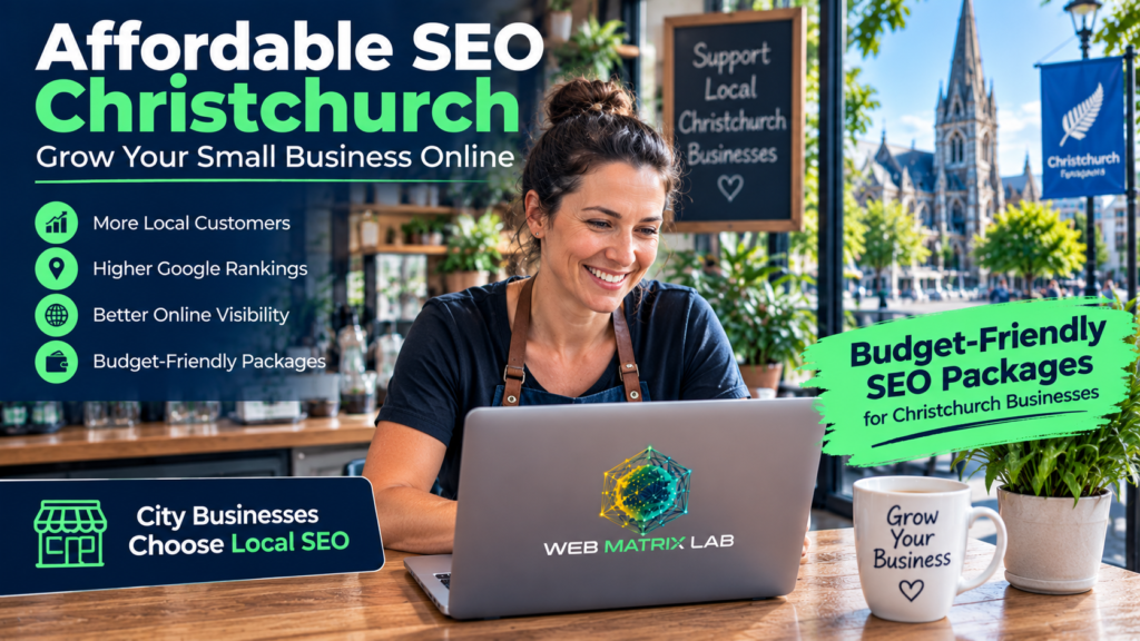 Affordable SEO Christchurch services for small business showing a business owner working on a laptop with local SEO strategies and digital marketing support.